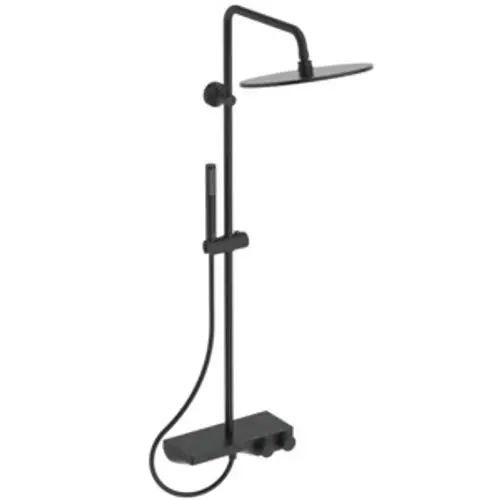 Schwarzes Duschsystem von Ideal Standard mit Kopfbrause und Handbrause, vertikal montiert, mit einem Bedienfeld zur Temperatureinstellung.